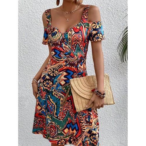 Kadın Omuzlardan Açıl Askılı Desenli Süprem Elbise