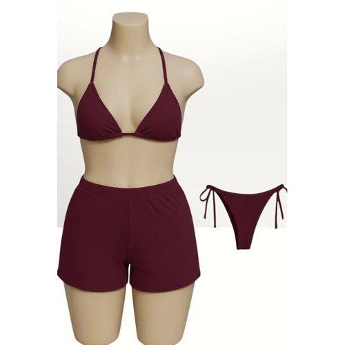 Bordo 3’lü Bikini Takımı Şortlu Yandan Bağlamalı Üçgen Üst Esnek Kadın Mayo