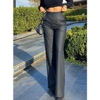 Kadın Yüksek Bel Cepli şardonlu Geniş Paçalı Mat Deri Pantolon