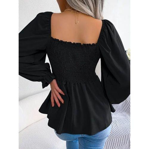 Kadın Uzun Kollu Geometrik Yakalı Gipe Detaylı Krep Bluz