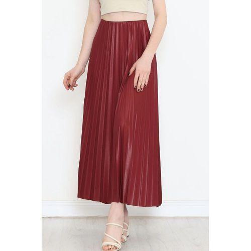 Zarif Ve Modern Pileli Parlak Krep Gizli Lastikli Bordo Etek