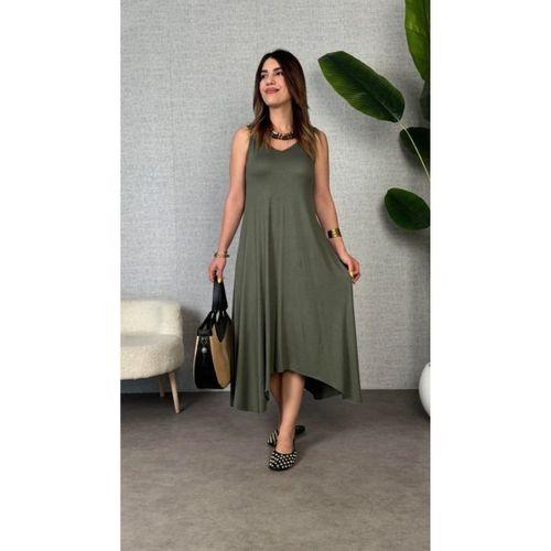 Kadın Askılı V Yakalı Halka Detaylı Asimetrik Kesim Detaylı Viskon Maxi Elbise