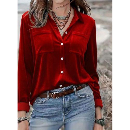 Kadın Uzun Kollu Yakalı önden Düğmeli Cep Detaylı Kadife Gömlek