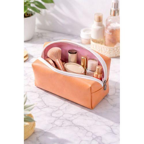 Deri Makyaj Kozmetik Çantası Seyahat Tipi Çanta Organizer Şeftali