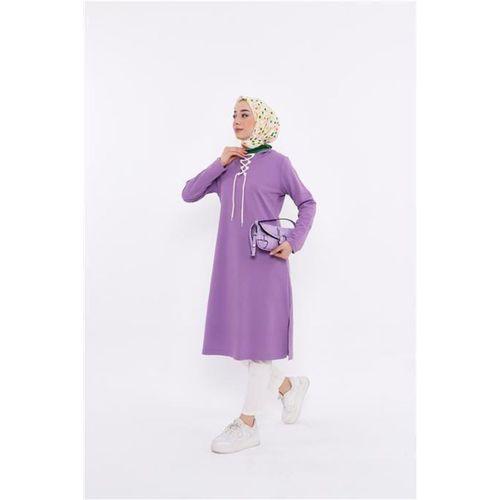 Eflin Yakadan Bağlamalı Kapşonlu Uzun Sweatshirt - 03030.018 - Leylak