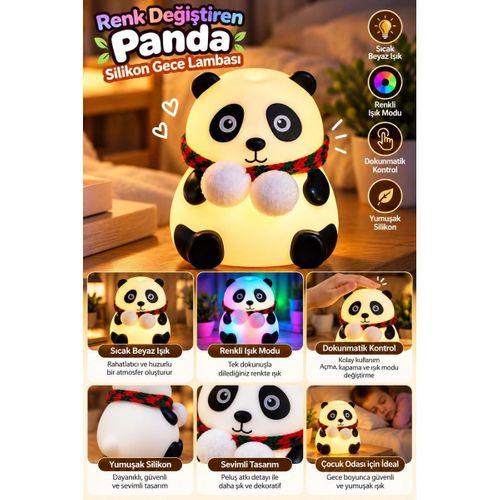 Sevimli Panda Silikon Gece Lambası Renkli Işık Modu Dokunmatik Kontrollü Aydınlatma