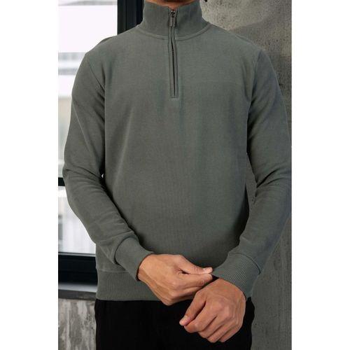 Lars Selanik Örme Kumaş Yarım Fermuar Erkek Sweatshirt - Çam Yeşili