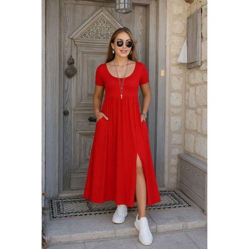 Kadın Kısa Kollu Yuvarlak Yaka önden Yırtmaçlı Cepli Viskon Uzun Elbise