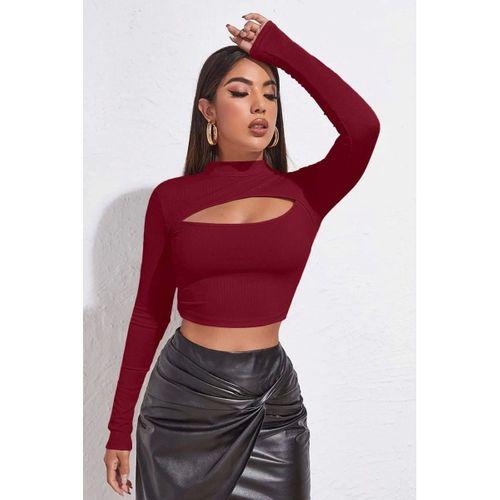 Kadın Bordo Modern Fit Göğüs Dekolteli Uzun Kollu Cut Out Crop Top Bluz