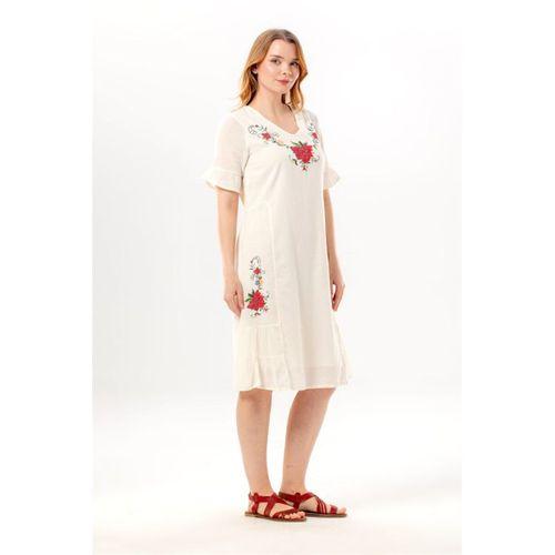 Kısa Kol İrem Nakış Detaylı Midi Boy Yazlık Şile Bezi Elbise Krem Krm