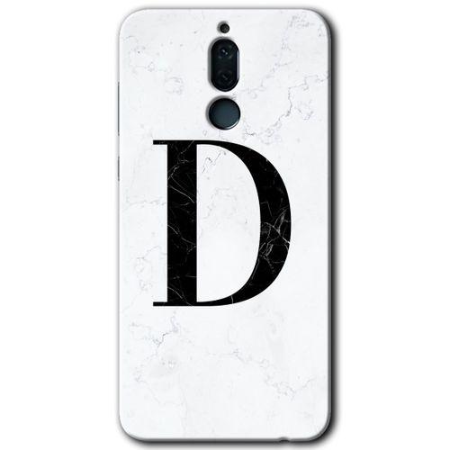 Huawei Mate 10 Lite Kılıf Baskılı Kapak - Beyaz Mermer Desenli D Harfi + 5D Tam Kaplayan Cam