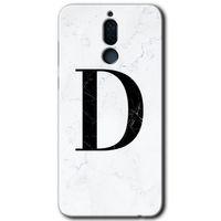 Huawei Mate 10 Lite Kılıf Baskılı Kapak - Beyaz Mermer Desenli D Harfi + 5D Tam Kaplayan Cam