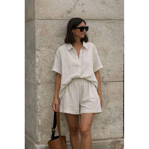 Kadın Kısa Kollu çizgili Modal Kumaş Gömlek Ve Yüksek Bel Lastik Detay şort Ikili Takım