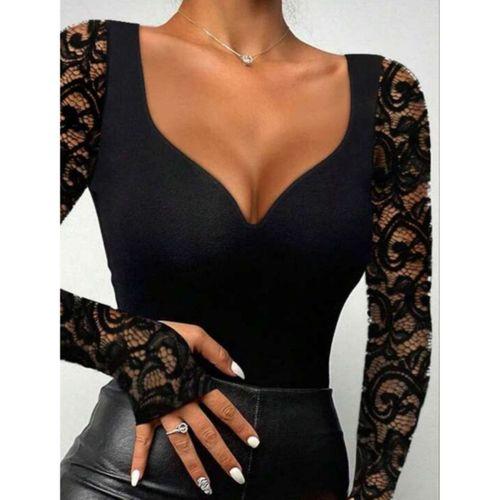 Kadın Uzun Kollu Dantelli Dekolte Detaylı Dalgıç Bluz