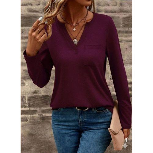 Kadın Uzun Kollu Cepli V Yakalı Viskon Iki Iplik Mürdüm Bluz