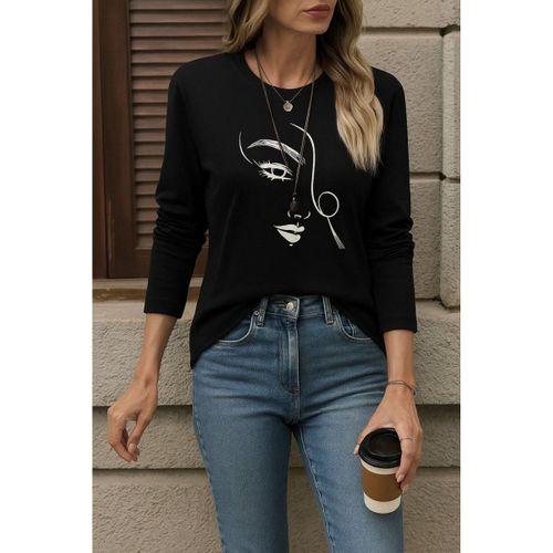 Kadın Uzun Kollu Bisiklet Yaka Yüz Desenli Viskon Bluz