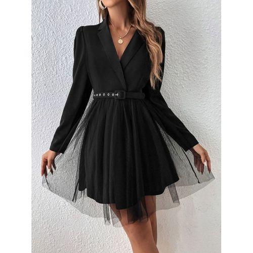 Kadın Uzun Kollu Yakalı Belinde Kemer Detaylı Mini Tüllü Ithal Krep Elbise