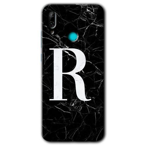 Huawei P smart 2019 Kılıf HD Desen Baskılı Arka Kapak + Temperli Cam - Siyah Mermer Desenli R Harfi
