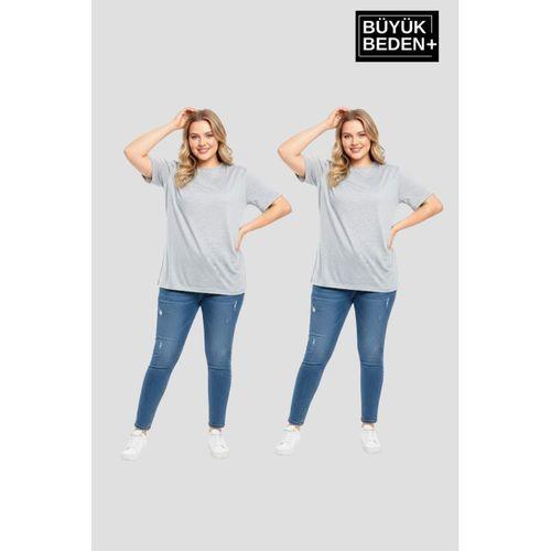 Büyük Beden Kadın  Basic Bisiklet Yaka 2 li Tişört Seti SPR26BTSK510+2