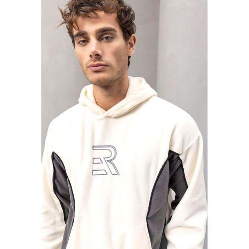 Frank Parçalı Kontrast Desenli Kapüşonlu Oversize Cepli Polar Erkek Sweatshirt - Ekru