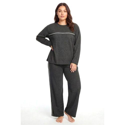 Büyük Beden Şerit Detaylı Kalın Uzun Kollu Kadın Pijama Takımı Antrasit