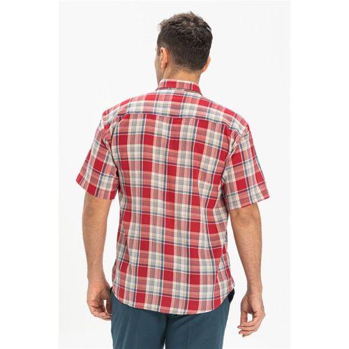 Büyük Beden Kısa Kol Şile Bezi Tek Cepli Erkek Yazlık Gömlek Kırmızı Lacivert Ekose 3057