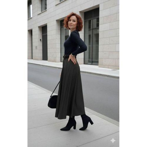 Kadın Yüksek Belli Maxi Deri Kemersiz Etek