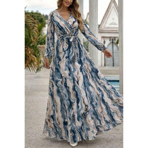 Kadın Uzun Kollu Kruvaze Yakalı Beli Kuşaklı Desenli Süprem Maxi Elbise