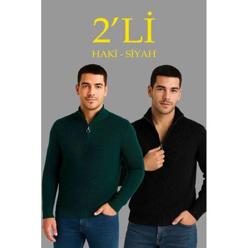Erkek Fitilli Triko Kazak 2’li Set – Siyah - Haki Kalın Dokuma Pamuklu Regular Fit V Yaka Fermuarlı Uzun Kollu Rahat Kışlık Kazak Kombini