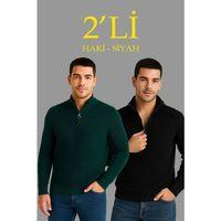Erkek Fitilli Triko Kazak 2’li Set – Siyah - Haki Kalın Dokuma Pamuklu Regular Fit V Yaka Fermuarlı Uzun Kollu Rahat Kışlık Kazak Kombini