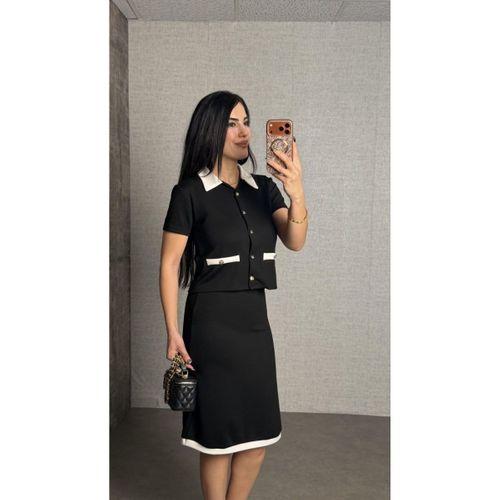 Kadın Kısa Kollu Cep Ve Düğme Detay Ceket Ve Diz üstü Etek Ikili Takım