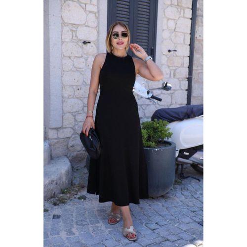 Kadın Omuzlardan Açık Arkadan Toka Detaylı Yırtmaçlı Uzun Viskon Elbise