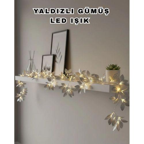 Yaldızlı Gümüş Yaprak Led Işık Pilli Dekoratif Ortam Ve Yılbaşı Aydınlatması