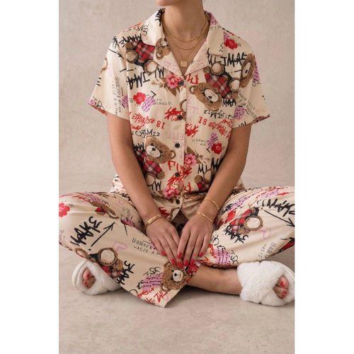 Kadın Pijama Takımı - Ayıcık Desenli Kısa Kollu Gömlek Yaka Milan Kumaş, Ekru