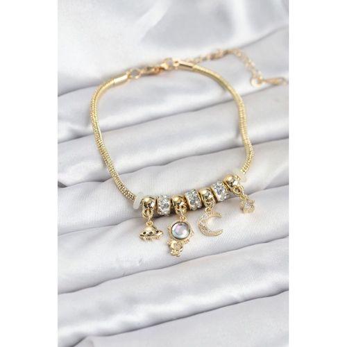 Pirinç Gold Renk Uzay Tema Charmlı Kadın Bileklik