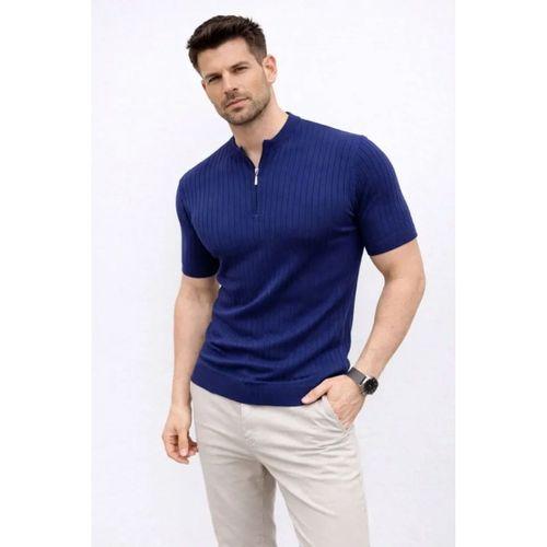 Erkek Kısa Kol Fitilli Triko T-Shirt Yazlık Hakim Yaka Tişört - Lacivert