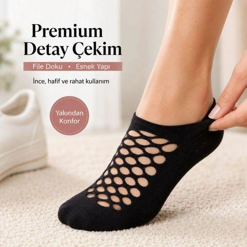 3’lü Kadın Siyah File Babet Çorap Düşük Kesim İnce Esnek Nefes Alan Görünmez Çorap Seti