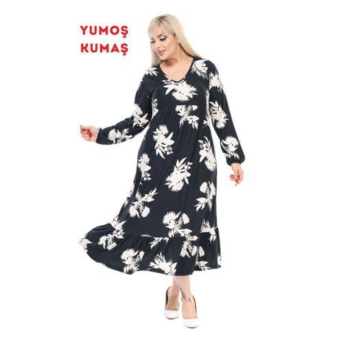 Melsay Butik Kışlık Robalı Yumoş Uzun Kollu Siyah Beyaz Yaprak Desenli Elbise