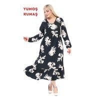 Melsay Butik Kışlık Robalı Yumoş Uzun Kollu Siyah Beyaz Yaprak Desenli Elbise