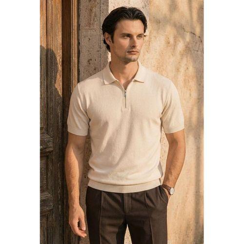 Linus Fermuarlı Polo Yaka Kısa Kollu İnce Triko Erkek T-Shirt - Bej