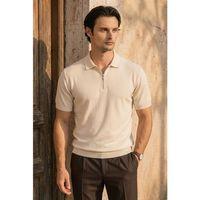 Linus Fermuarlı Polo Yaka Kısa Kollu İnce Triko Erkek T-Shirt - Bej
