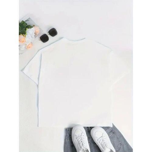 Baskılı Oversize Bisiklet Yaka T-shirt - Beyaz