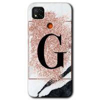 Xiaomi Redmi 9c Kılıf HD Desen Baskılı Arka Kapak + Temperli Cam - Pembe Mermer Desenli G Harfi