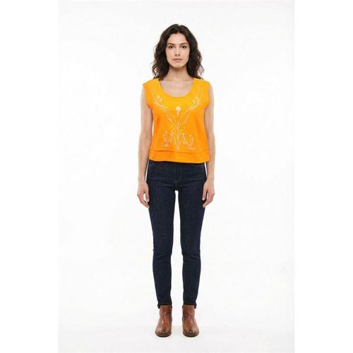 Kolsuz Cunda Bisiklet Yaka Yazlık Nakışlı Müslin Bluz Turuncu Trnc