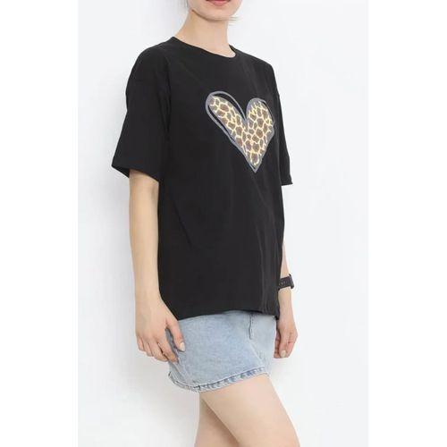 14 Şubat Sevgililer Günü Leopar Kalp Baskılı Oversize Bisiklet Yaka T-shirt - Siyah