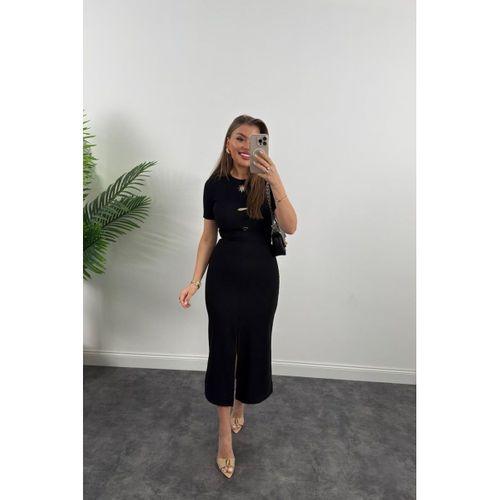 Kadın Ottoman Kumaş Likralı Düğme Tasarımlı Kısa Kol Kalem Elbise