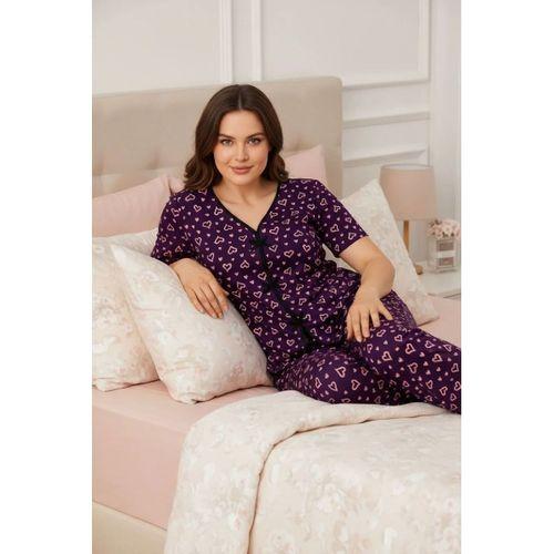 Kadın Mor Kalp Desenli Fiyonk Detaylı Kısa Kollu Uzun Pijama Takımı Premium Ev Giyim