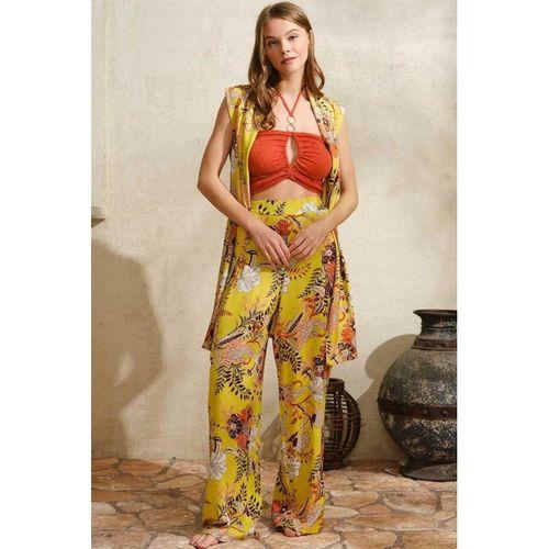 Boyundan Bağlamalı V Yaka Kadın Çiçek Desenli Yazlık Boncuk Detaylı Pijama Sabahlık Takımı