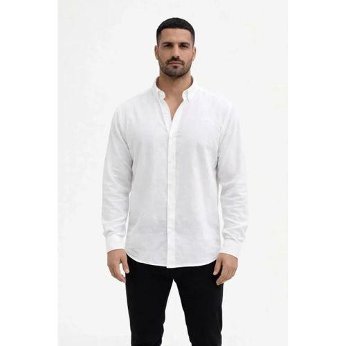 Erkek KETEN Kumaş Oversize Uzun Kollu Rahat Kalıp Gömlek - Beyaz