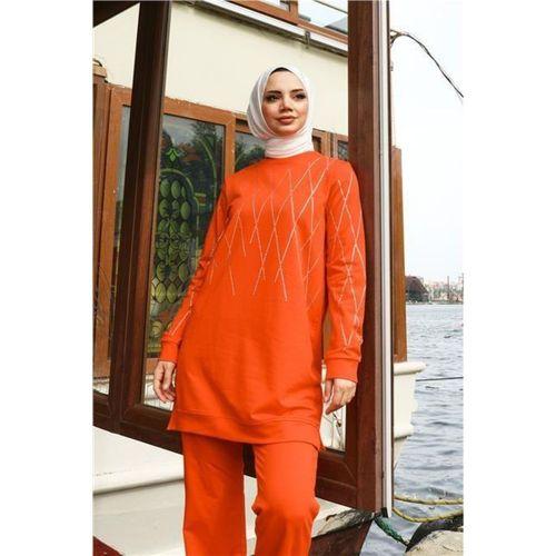 Çarpraz Taş Desenli O Yaka İkili Tesettür Eşofman Takımı - 71185.036 - Oranj